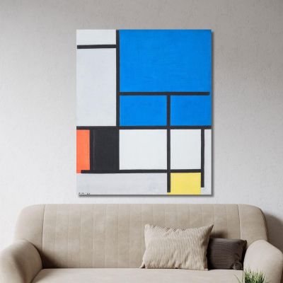 Komposition Mit Großen Blauen Flächen In Rot, Schwarz, Gelb Und Grau Piet Mondrian, pmn60 drucken auf leinwand
