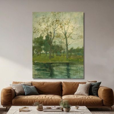 Zwei Bäume Silhouette Hinter Einem Wasserlauf Piet Mondrian, pmn71 drucken auf leinwand