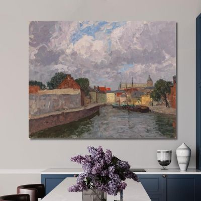 A Canal With Boats Before A Town Alfred Zoff, azf1 canvas print