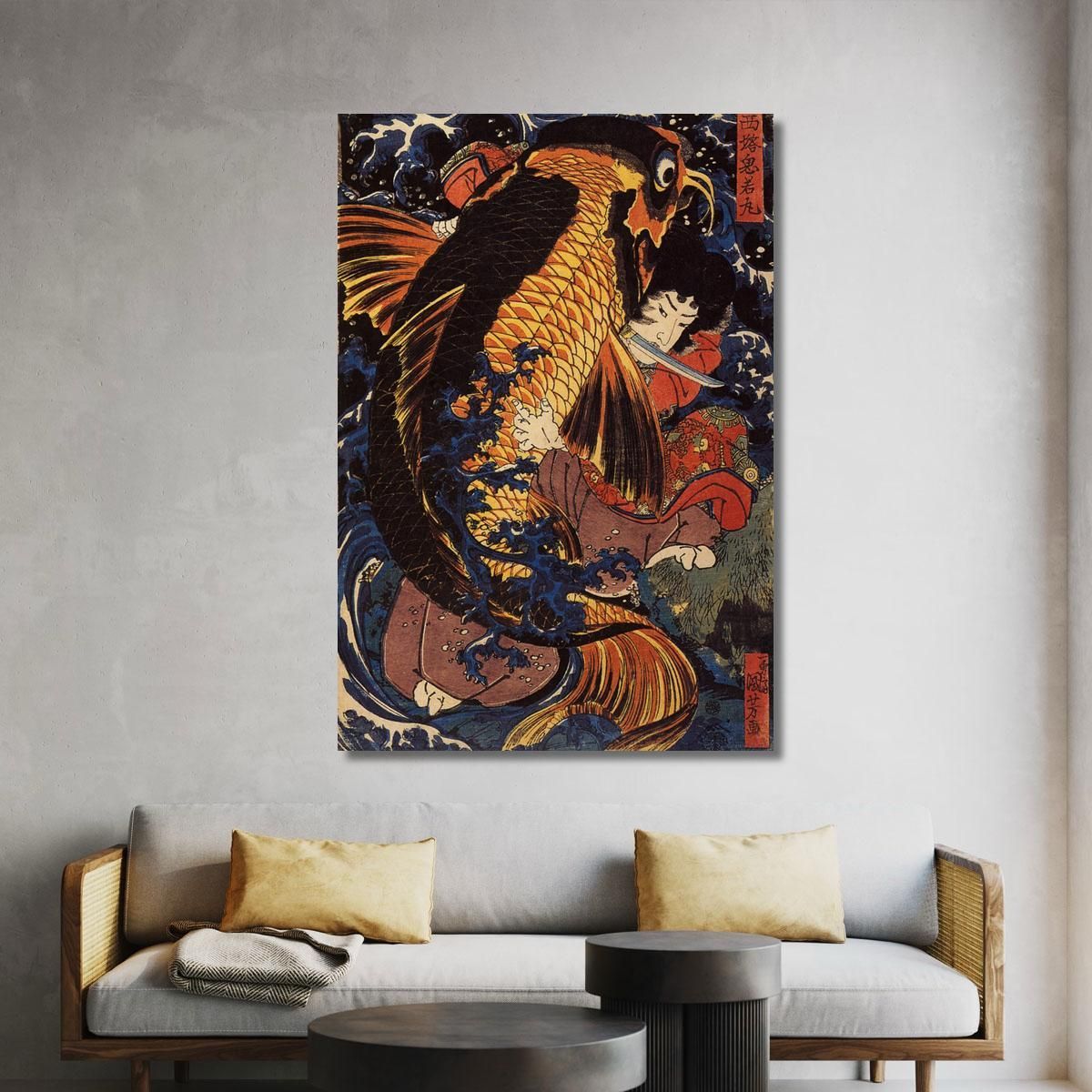 Saito Oniwakamaru Il Giovane Benkei Combatte La Carpa Gigante Alla Cascata Di Bishimon Utagawa Kuniyoshi ukn36 quadro stampa su