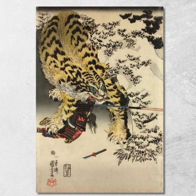 Stampa Trittico Xilografica Oban Tate-E. Koxinga Attacca Un'Enorme Tigre Utagawa Kuniyoshi ukn45 quadro stampa su tela