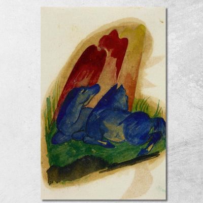 Due Cavalli Blu Davanti Ad Una Roccia Rossa Franz Marc fmr59 quadro stampa su tela
