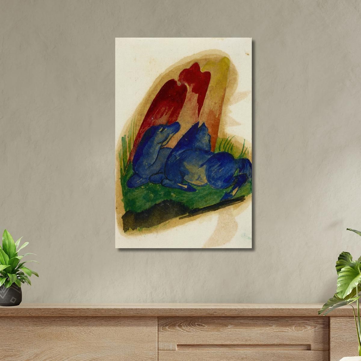 Due Cavalli Blu Davanti Ad Una Roccia Rossa Franz Marc fmr59 quadro stampa su tela