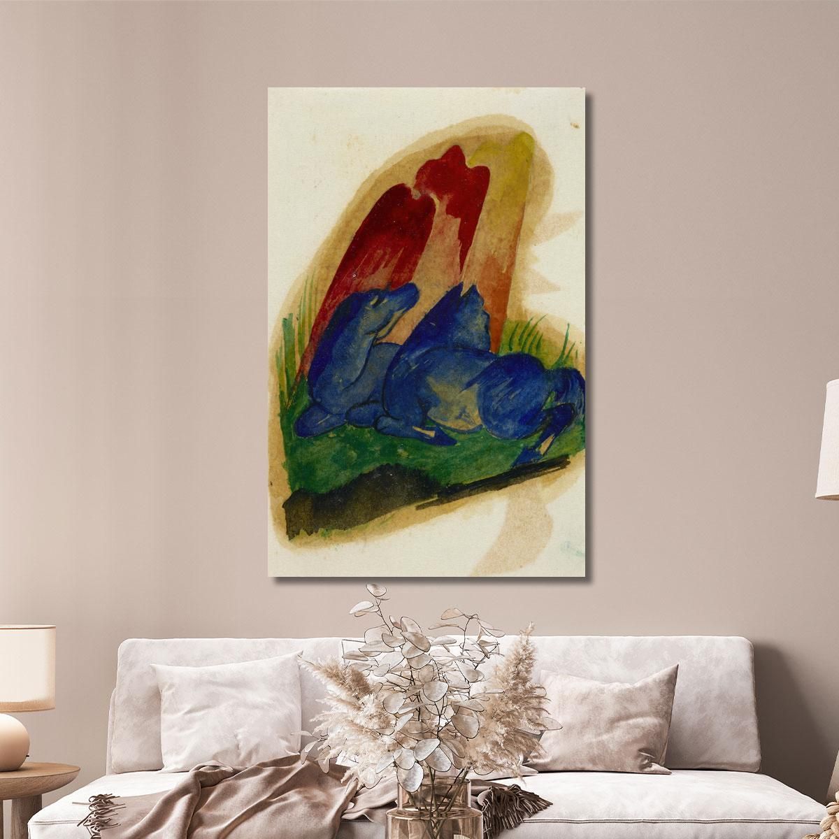 Due Cavalli Blu Davanti Ad Una Roccia Rossa Franz Marc fmr59 quadro stampa su tela