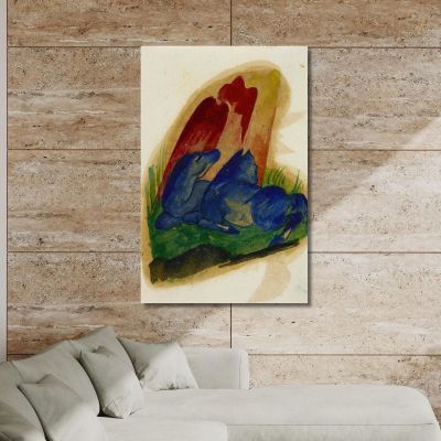 Due Cavalli Blu Davanti Ad Una Roccia Rossa Franz Marc fmr59 quadro stampa su tela