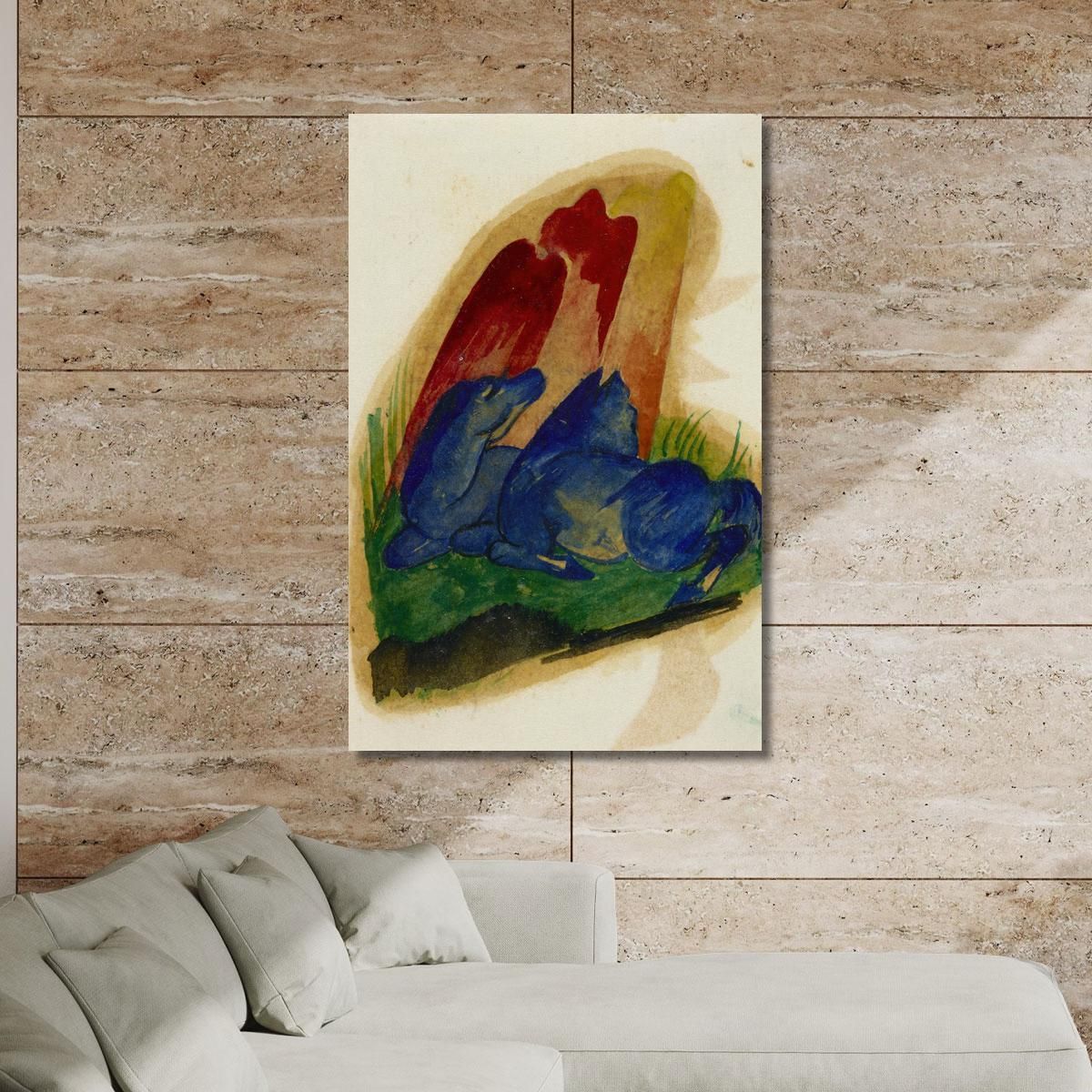 Due Cavalli Blu Davanti Ad Una Roccia Rossa Franz Marc fmr59 quadro stampa su tela