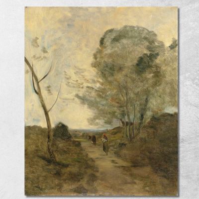 Dintorni Di Arleux Contadino Che Guida Una Mucca Al Pascolo Effetto Mattutino Jean-Baptiste-Camille Corot jbc53 quadro stampa s