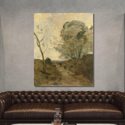 Umgebung Von Arleux. Ein Bauer Treibt Eine Kuh Auf Die Weide. Morgeneffekt Jean-Baptiste-Camille Corot, jbc53 drucken auf leinwand