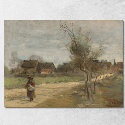 Contadina Su Una Strada Con Vista Di Un Villaggio Jean-Baptiste-Camille Corot jbc195 quadro stampa su tela