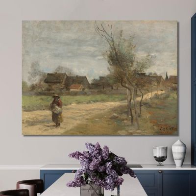 Peasant Woman On A Road In View Of A Village Jean-Baptiste-Camille Corot, jbc195 canvas print