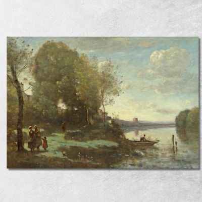 Fiume Con Una Torre Lontana Jean-Baptiste-Camille Corot jbc213 quadro stampa su tela