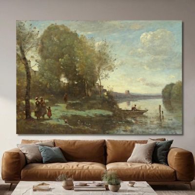 Fluss Mit Einem Entfernten Turm Jean-Baptiste-Camille Corot, jbc213 drucken auf leinwand