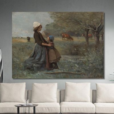 Les Deux Soeurs Dans La Prairie Jean-Baptiste-Camille Corot, jbc318 tableau impression sur toile
