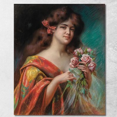 Ritratto Di Una Signora In Vestaglia Che Tiene In Mano Delle Rose Delphin Enjolras dej30 quadro stampa su tela