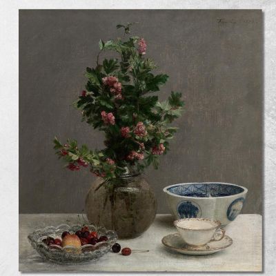 Natura Morta Con Vaso Di Biancospino Ciotola Di Ciliegie Ciotola Giapponese E Tazza E Piattino Henri Fantin-Latour hft110 quadr