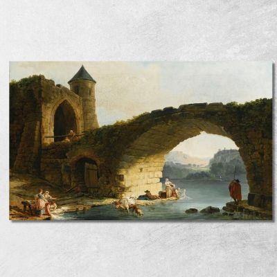 Un Paesaggio Fluviale Di Capriccio Con Lavandaie Vicino A Un Ponte In Rovina Hubert Robert hrb3 quadro stampa su tela