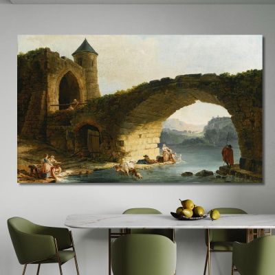 Paisaje Del Río Capriccio Con Lavanderas Cerca De Un Puente En Ruinas Hubert Robert, hrb3 cuadro en lienzo
