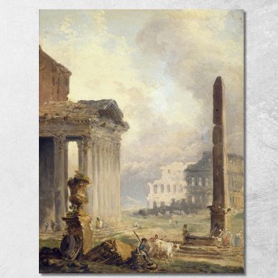 Rovine Romane Del Foro Con Il Colosseo E L'Obelisco Hubert Robert hrb84 quadro stampa su tela