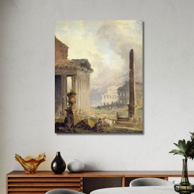 Rovine Romane Del Foro Con Il Colosseo E L'Obelisco Hubert Robert hrb84 quadro stampa su tela