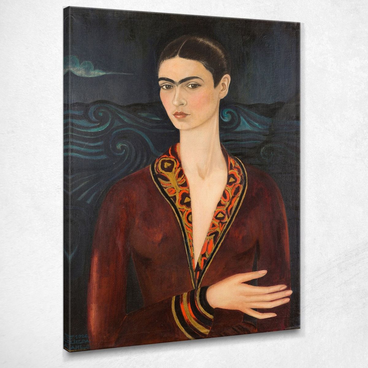 self portrait with velvet dress self-portrait for Michelle Yeoh: a custom-made black gown sculptured French lace detailing Quality Gicle Canvas Print by TopArtPrint. Frida Kahlo Self Portrait Red