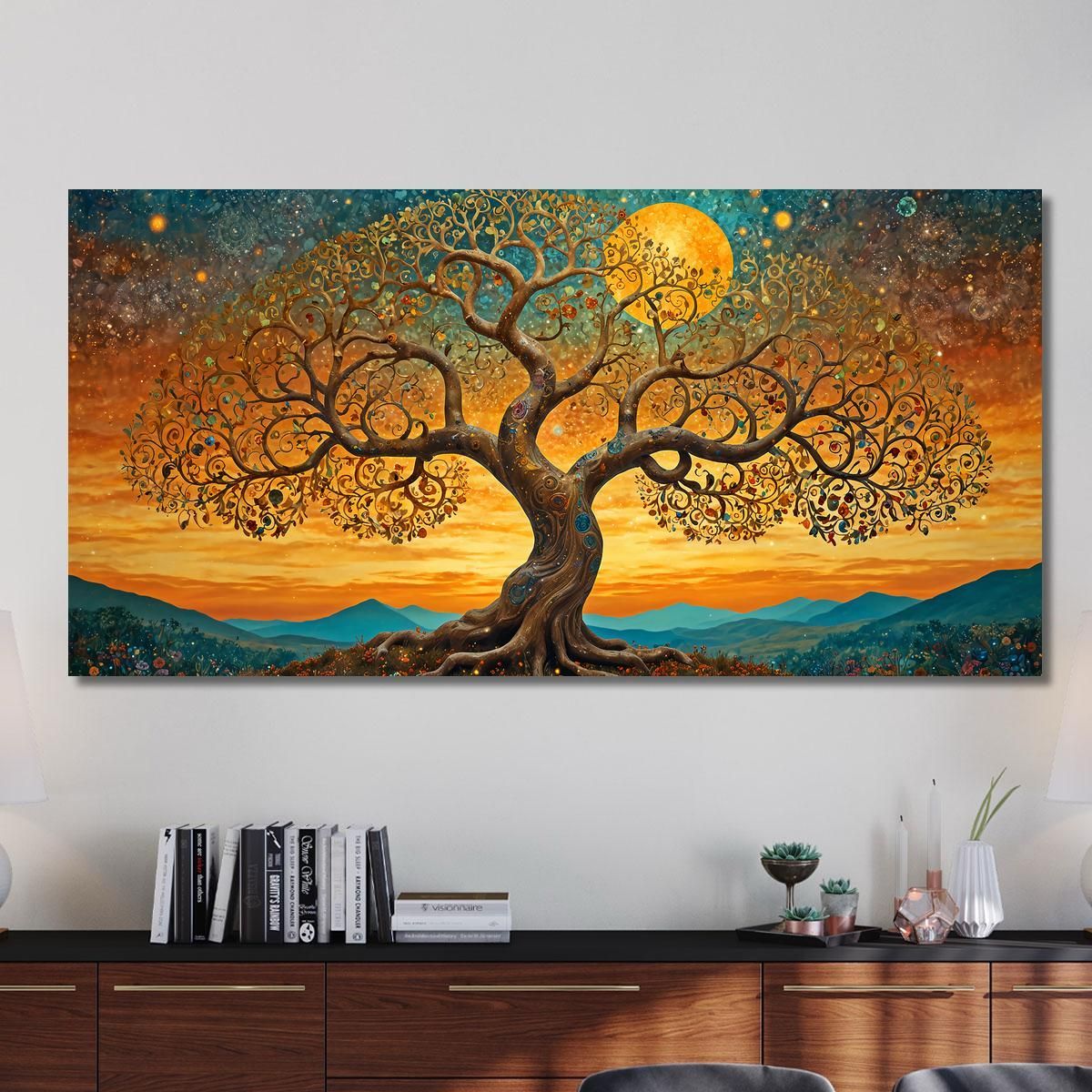 Quadro Albero Della Vita Tramonto E Montagna avt11 quadro stampa su tela