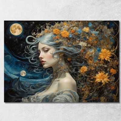 Quadro Donna Fantasy Con Dettagli Floreali Tonalità Blu E Oro abs80 quadro stampa su tela