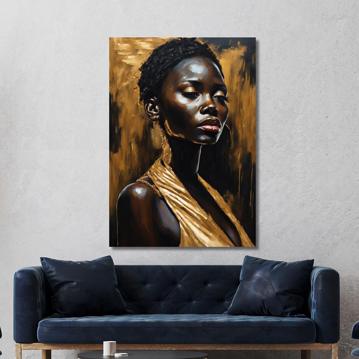 Painting African Woman With Golden Dress Elegance And Depth canvas print Painting African Woman With Golden Dress Elegance And Depth canvas print