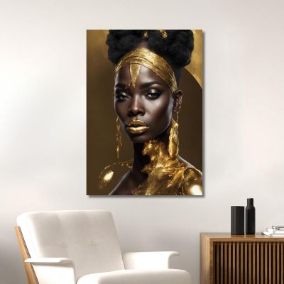 Pintura De Mujer Africana Con Decoraciones Doradas Elegancia Real , afr4 cuadro en lienzo