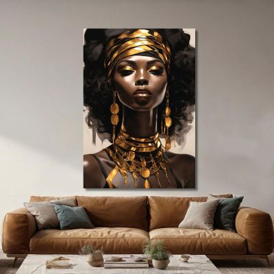 Pintura De Mujer Africana Con Joyas De Oro Elegancia Étnica , afr9 cuadro en lienzo