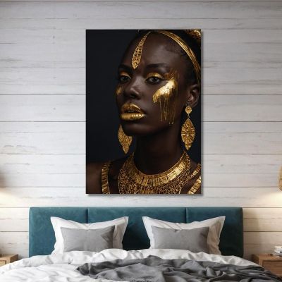 Ethnic African Woman Painting Elegance In Gold On Dark Background , afr17 canvas print