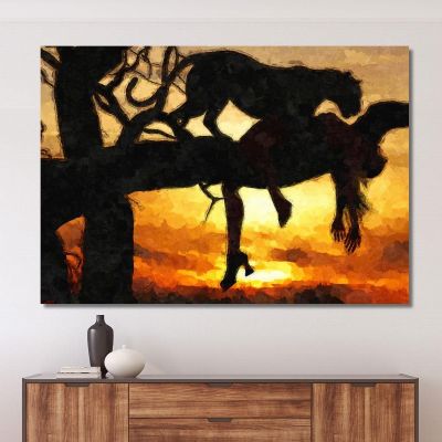 Peinture Léopard Au Coucher Du Soleil Sur Un Arbre Prédateur Et Beauté Sauvage , afr23 tableau impression sur toile
