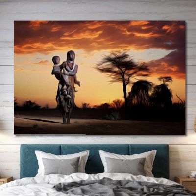 Mère Africaine Peignant Au Coucher Du Soleil Dans La Savane , afr24 tableau impression sur toile