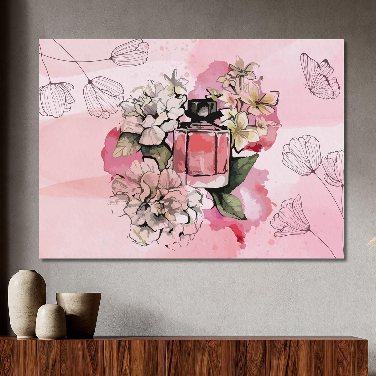 Malerei Einer Rosa Parfümflasche Zwischen Blumen Auf Aquarellhintergrund  Fashion drucken auf leinwand, image size:1200x1200