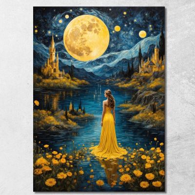 Quadro Donna Abito Giallo Luna Piena Paesaggio Incantato Fashion fsn16 quadro stampa su tela
