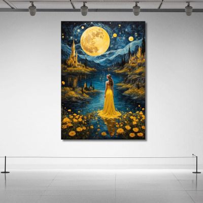 Quadro Donna Abito Giallo Luna Piena Paesaggio Incantato Fashion fsn16 quadro stampa su tela