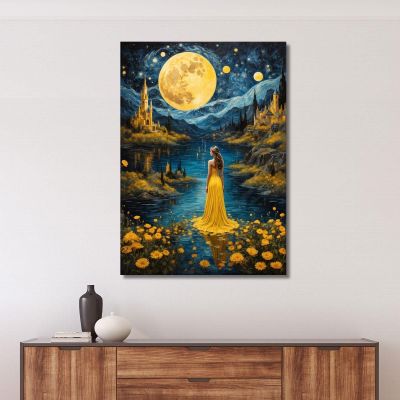 Quadro Donna Abito Giallo Luna Piena Paesaggio Incantato Fashion fsn16 quadro stampa su tela