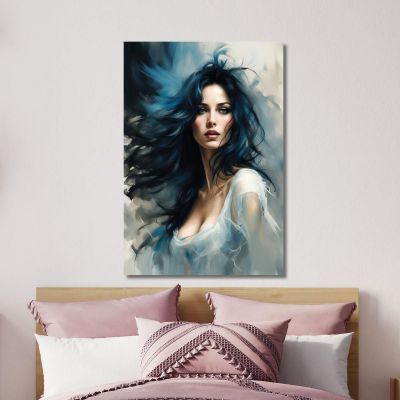 Painting Woman Blue Hair Wind Suggestive Portrait Fashion, fsn24 canvas print