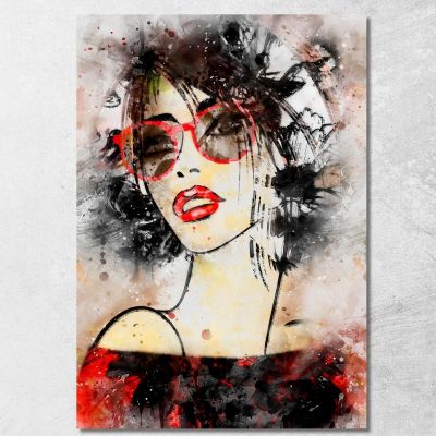 Quadro Donna Ritratto Moderno Occhiali Rossi Acquerello Fashion fsn46 quadro stampa su tela