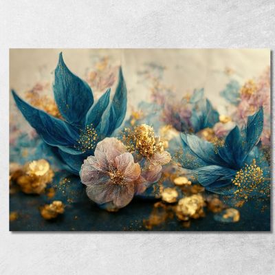 Quadro Con Composizione Floreale Blu E Dorata Con Petali Scintillanti Quadro Moderno Fiori Astratti flp8 quadro stampa su tela