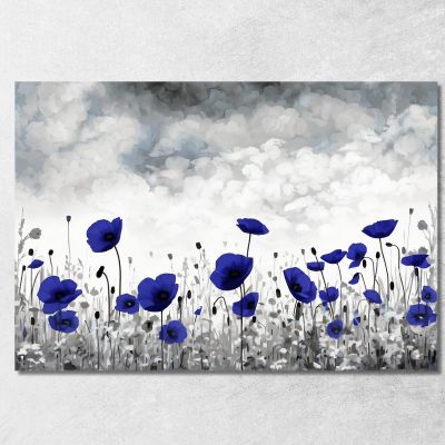 Quadro Papaveri Blu Su Campo Bianco E Nero Quadro Moderno Fiori Astratti flp16 quadro stampa su tela