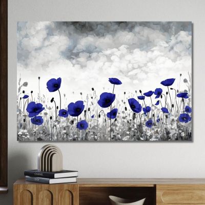 Quadro Papaveri Blu Su Campo Bianco E Nero Quadro Moderno Fiori Astratti flp16 quadro stampa su tela
