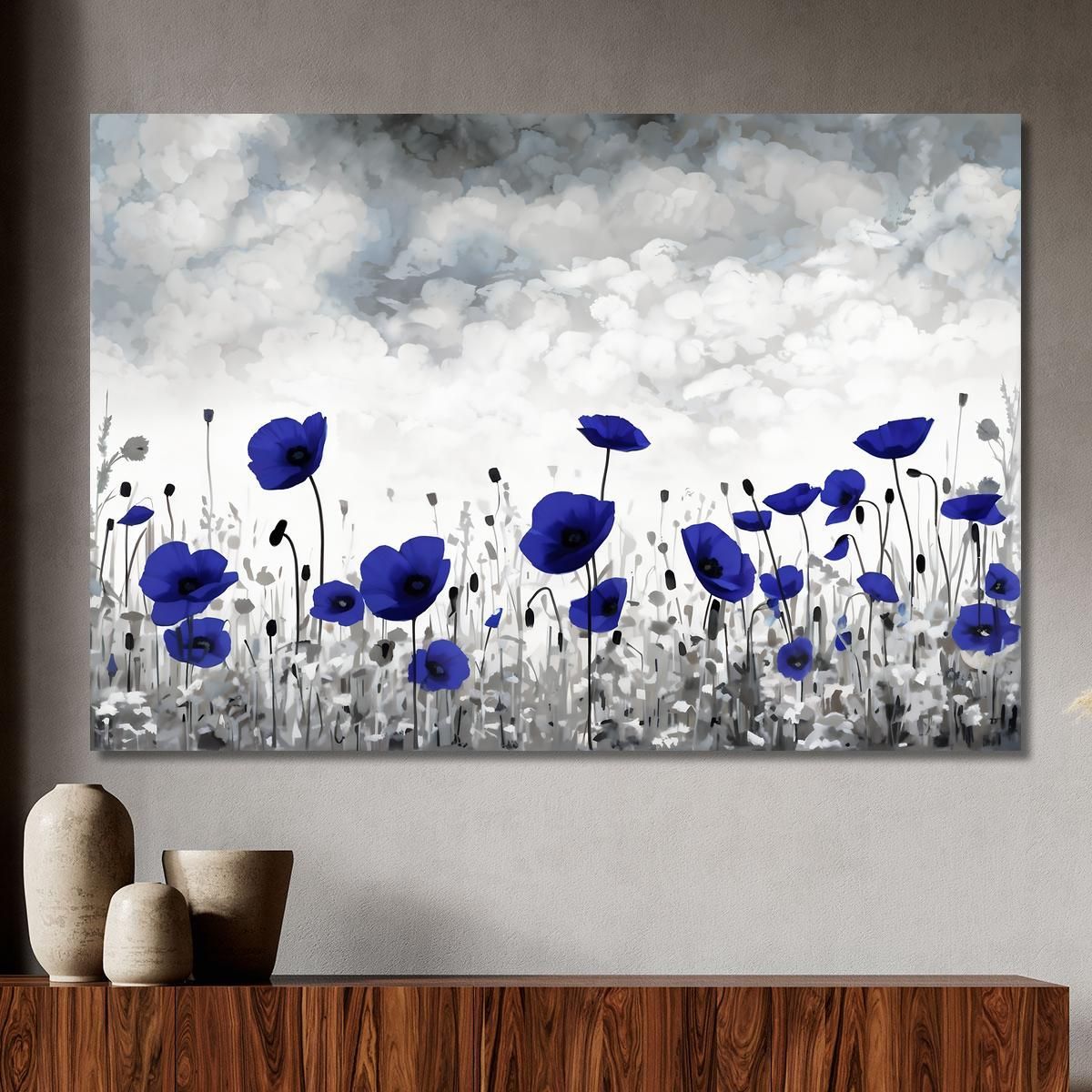 Quadro Papaveri Blu Su Campo Bianco E Nero Quadro Moderno Fiori Astratti flp16 quadro stampa su tela