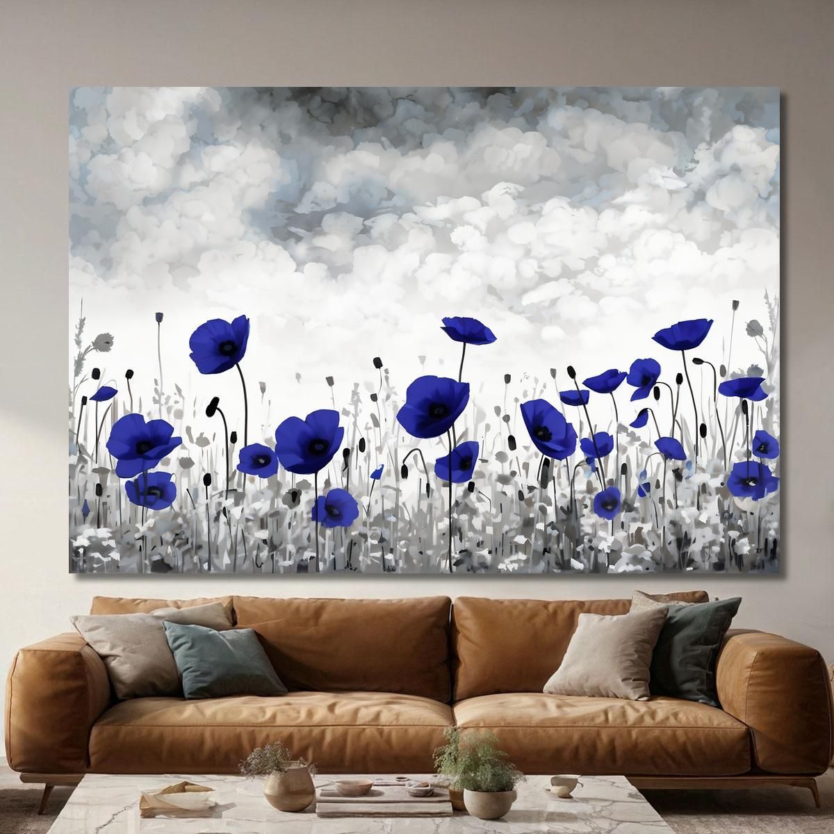 Quadro Papaveri Blu Su Campo Bianco E Nero Quadro Moderno Fiori Astratti flp16 quadro stampa su tela