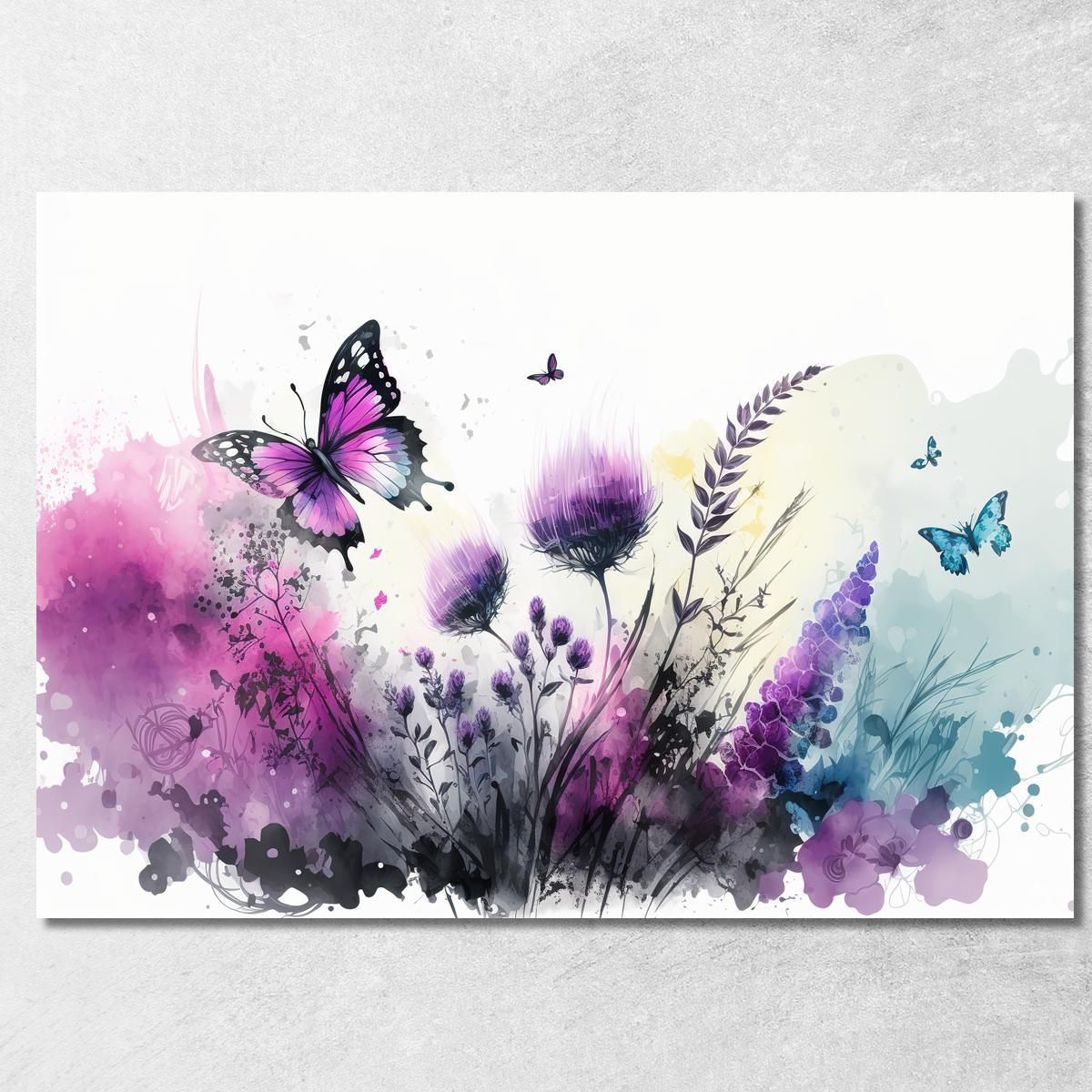 Quadro Minimalista Fiori Viola E Farfalle, Quadro Moderno Fiori Astratti  quadro stampa su tela, image size:1200x1200