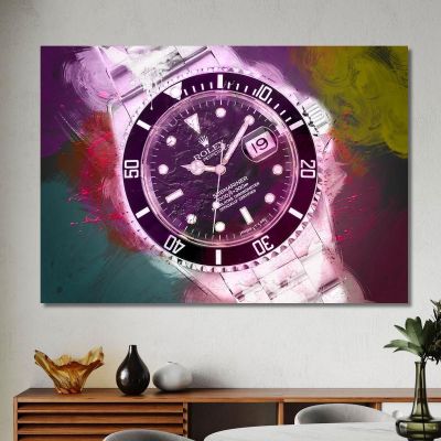Cuadro Moderno Reloj Rolex Submariner Manchas De Color Violeta , rlx25 cuadro en lienzo
