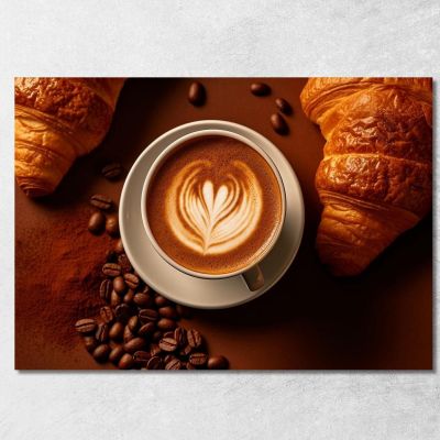 Quadro Moderno Cappuccino Decorato Con Croissant E Chicchi Di Caffè foo18 quadro stampa su tela