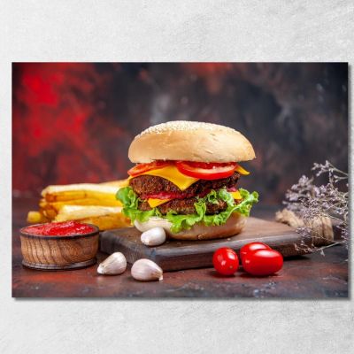 Quadro Moderno Hamburger Gourmet Con Doppio Formaggio E Verdure Fresche foo65 quadro stampa su tela