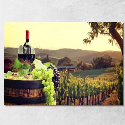 Quadro Moderno Paesaggio Di Vigneto Con Bottiglia E Bicchieri Di Vino foo84 quadro stampa su tela