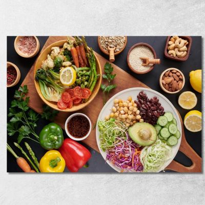 Quadro Moderno Piatto Vegetariano Con Verdure Fresche Legumi E Frutta Secca foo92 quadro stampa su tela