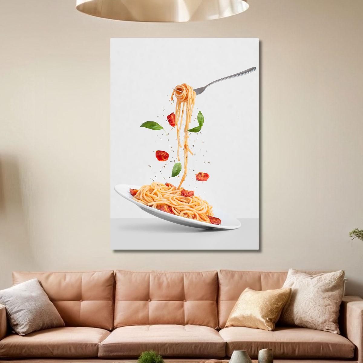 Quadro Moderno Spaghetti Con Pomodoro E Basilico Su Sfondo Grigio Minimalista foo103 quadro stampa su tela